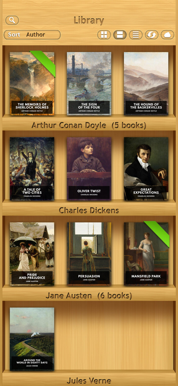 iOS interface: wooden bookshelves organised by author