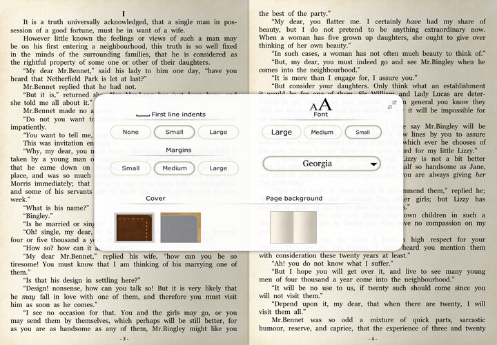 iOS interface: fonts, margins, covers and paper settings